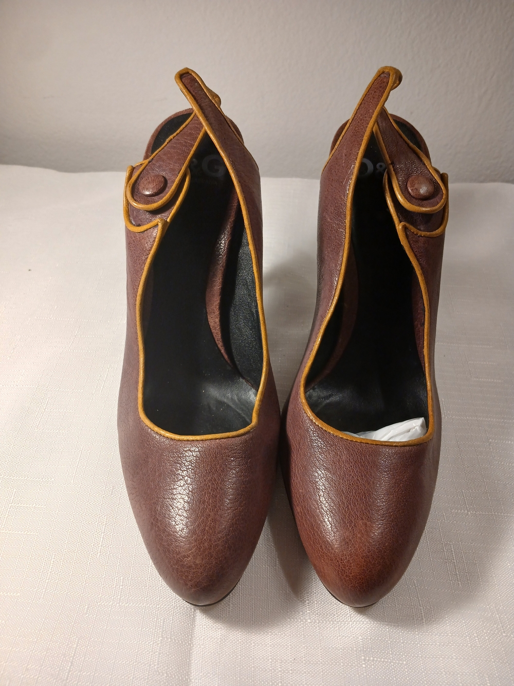 Dolce & Gabbana Brown Leather Slingback Heels with Yellow Trim